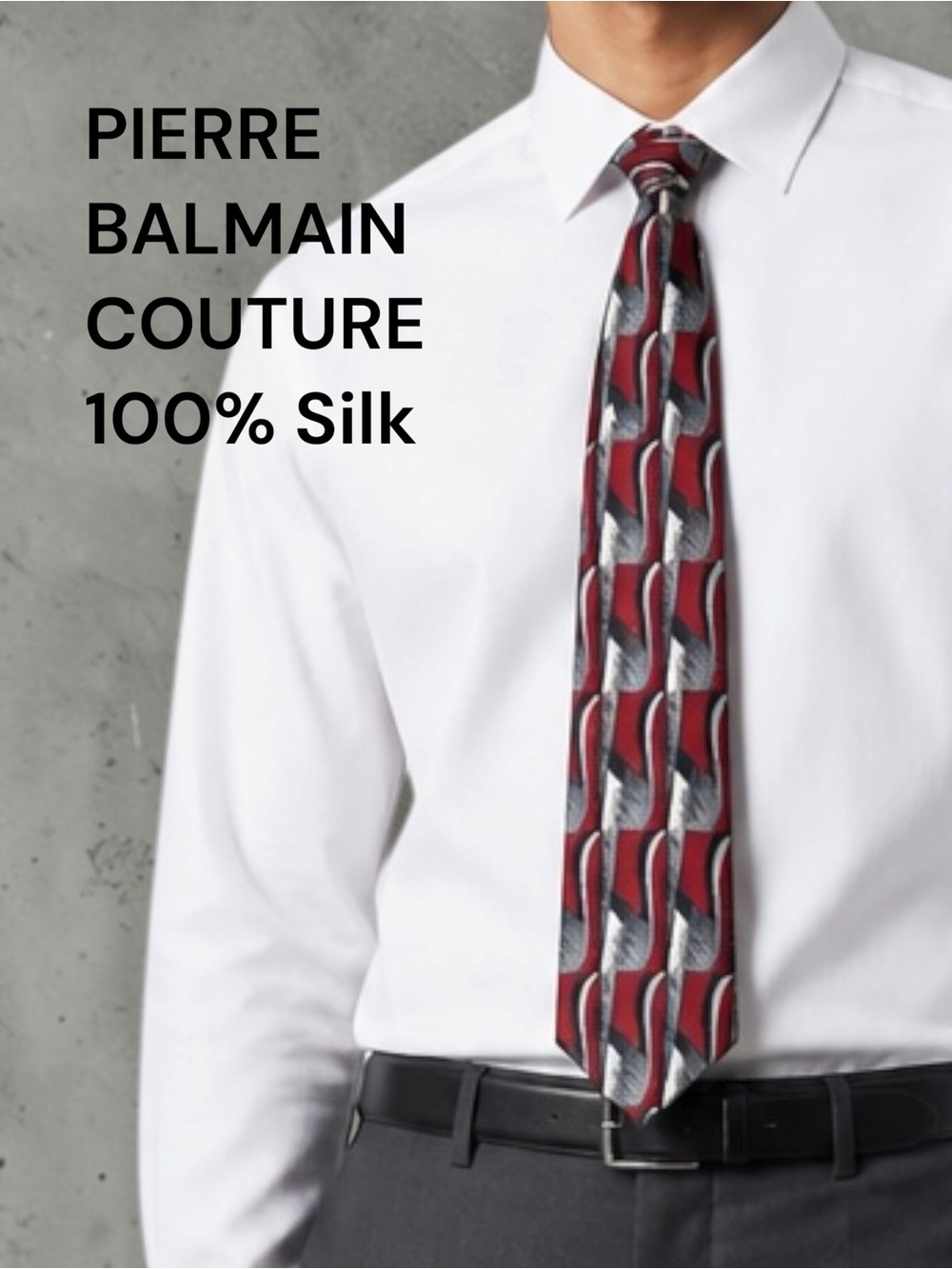 Pierre Balmain Couture 100% Silk Tie Red Gray Geometric Luxury Designer Necktie